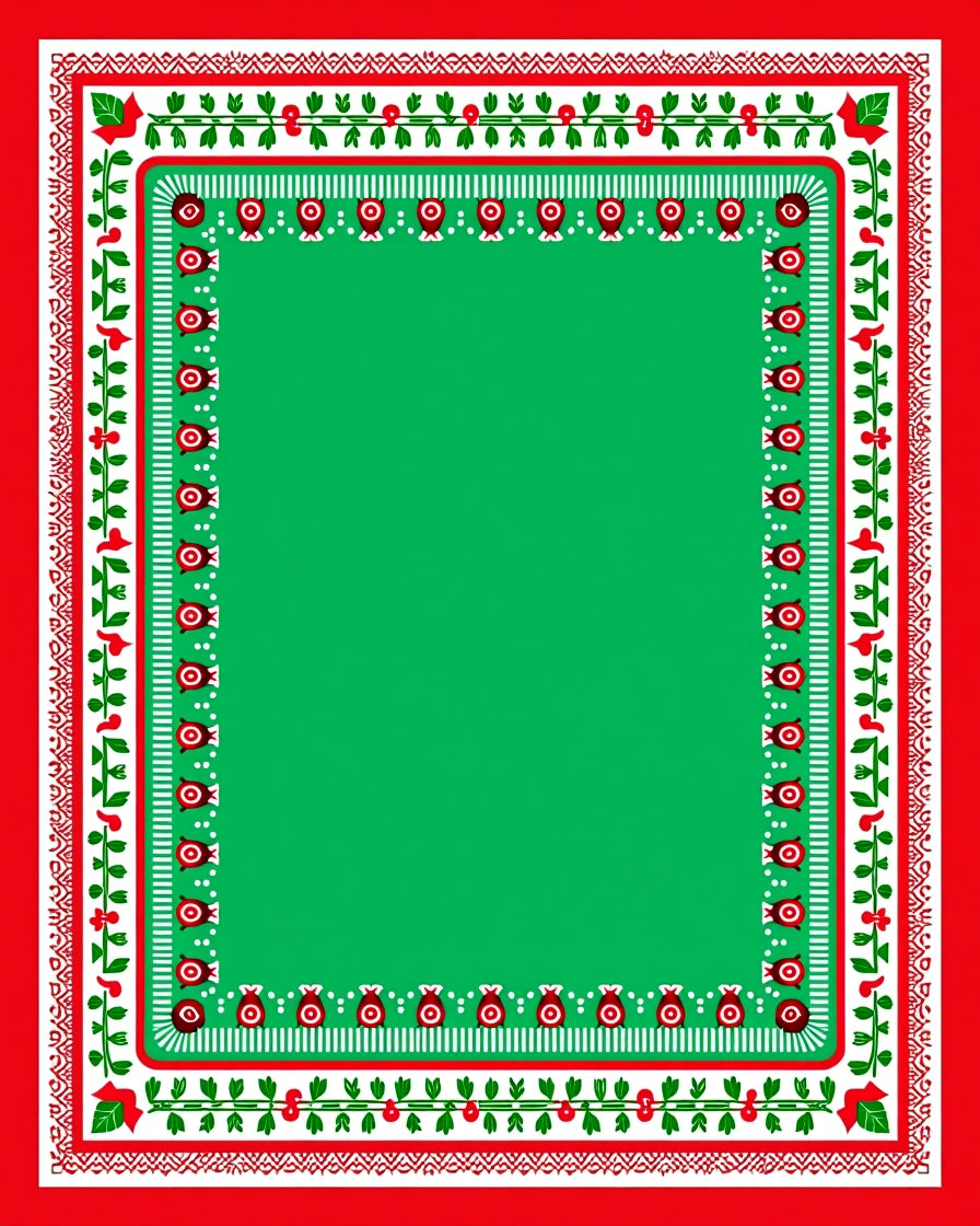 Red Green Folk Art Floral Border Rug
