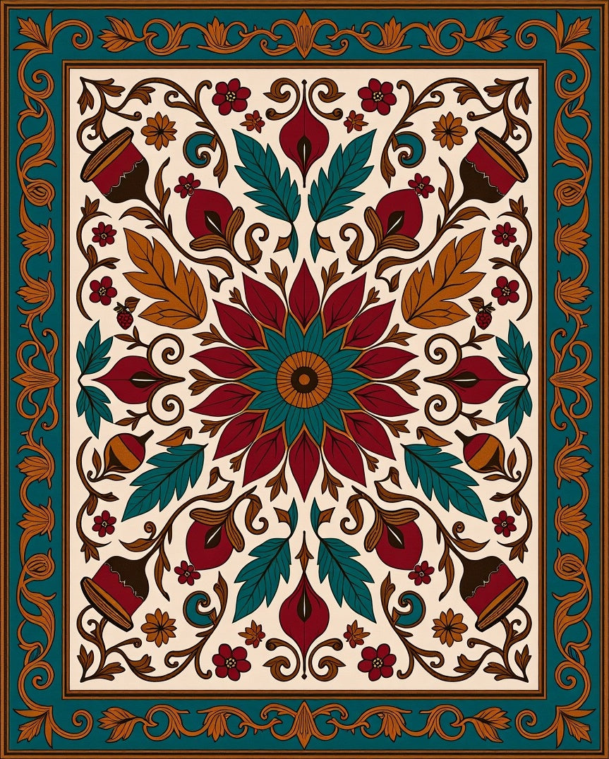 Crimson Teal Floral Medallion Frame Rug