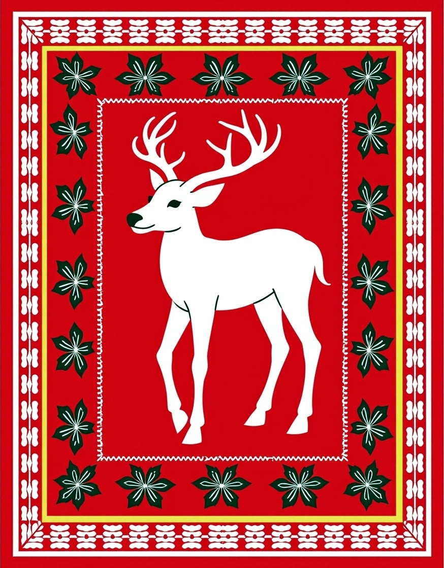 White Deer Red Floral Border Rug