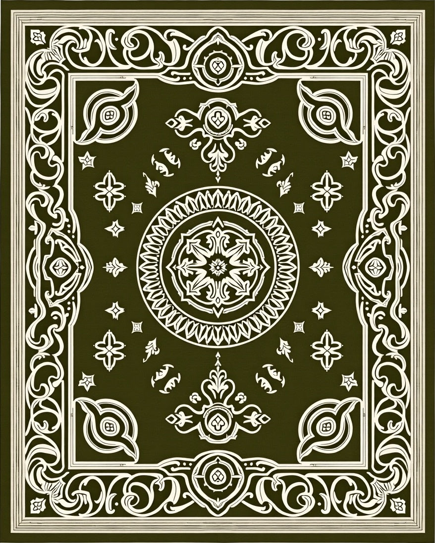Olive Ivory Ornate Medallion Frame Rug