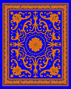 Electric Blue Orange Floral Medallion Scroll Rug