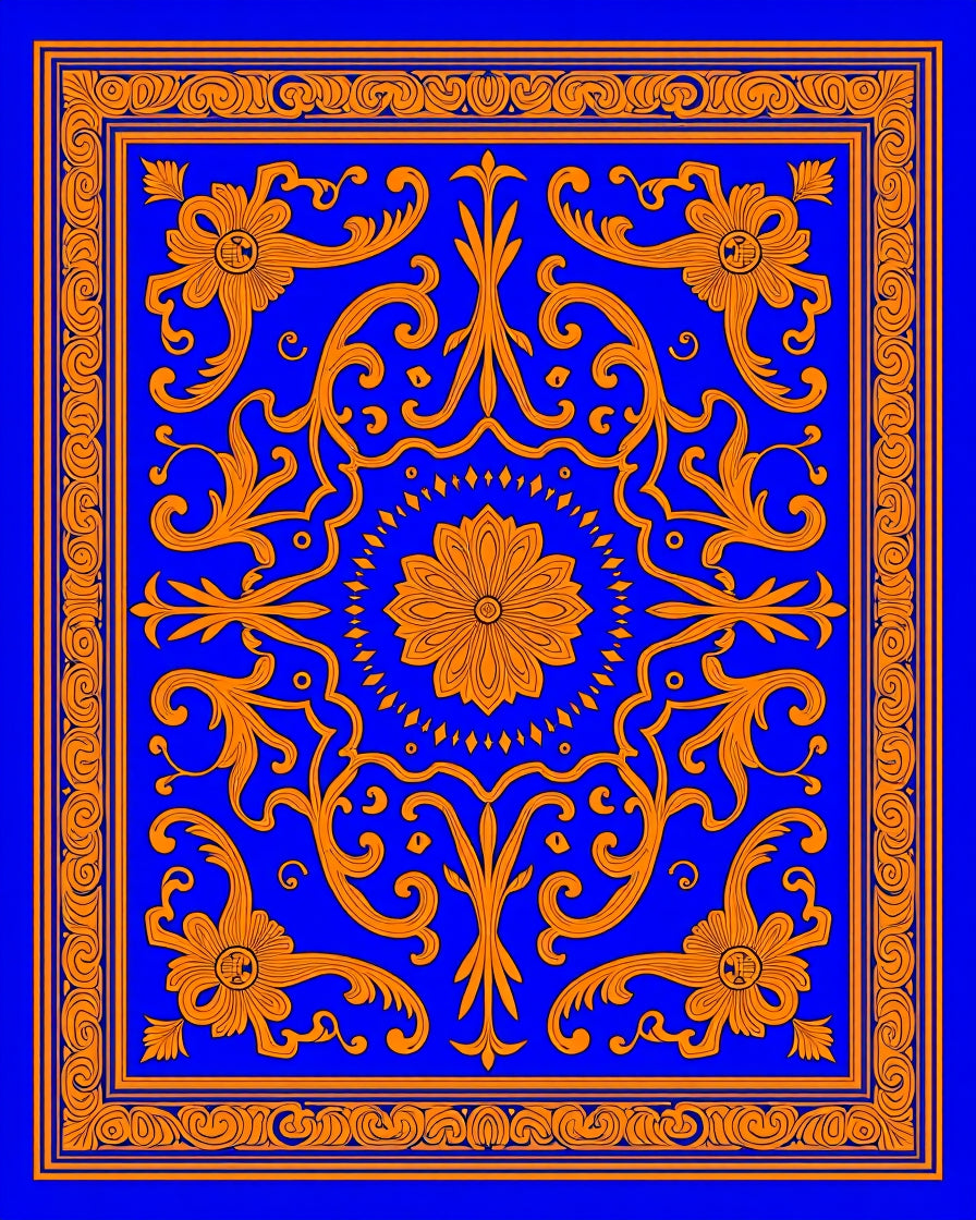 Electric Blue Orange Floral Medallion Scroll Rug