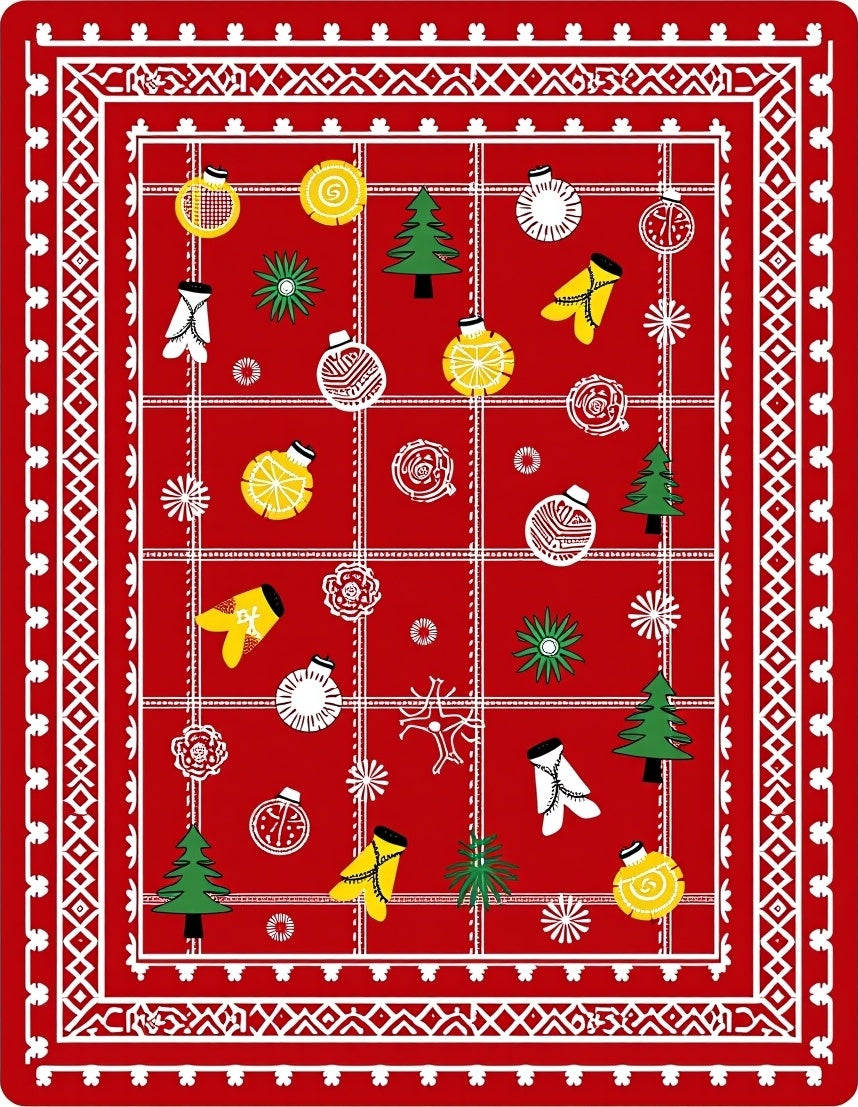 Crimson Red Christmas Ornaments Mittens Trees Rug