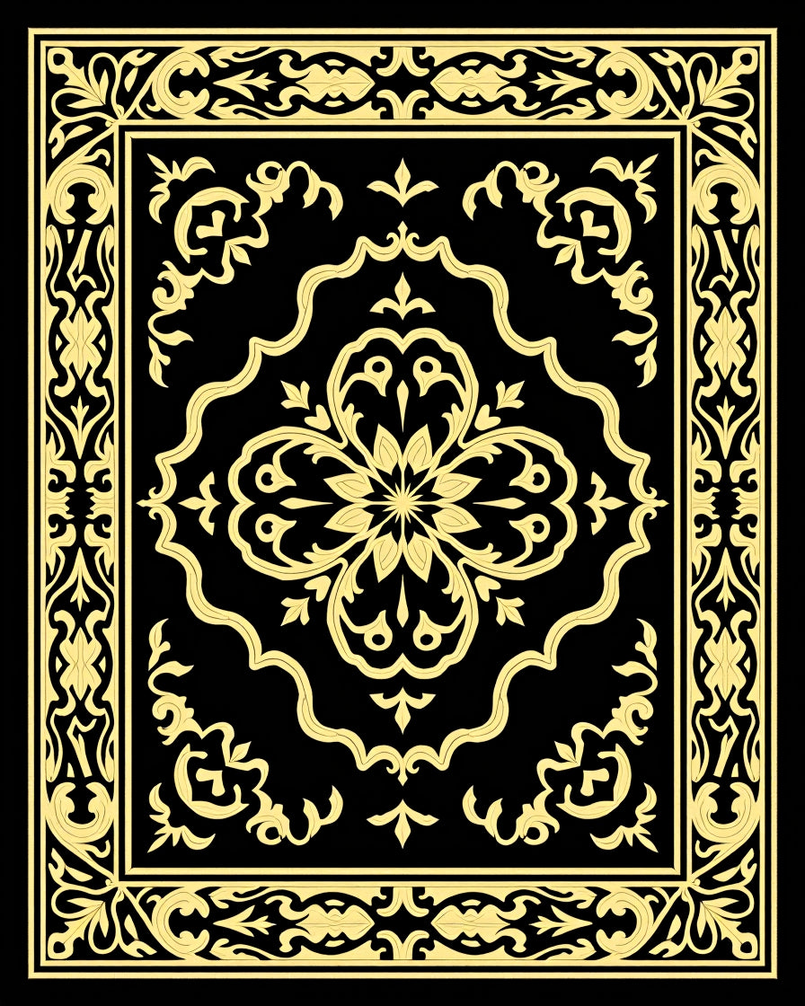 Golden Black Baroque Scrollwork Medallion Rug