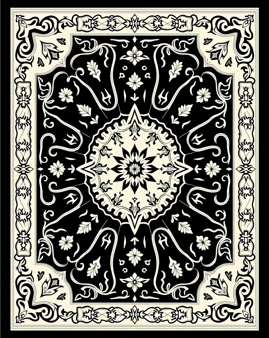 Classic Black Cream Floral Medallion Rug