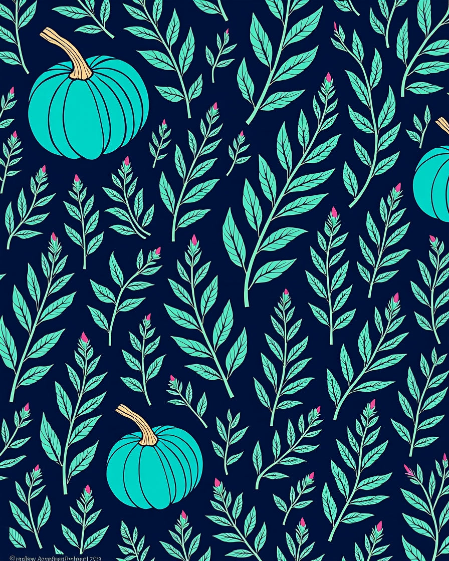 Teal Pumpkin Leafy Branch Arrangement Rug