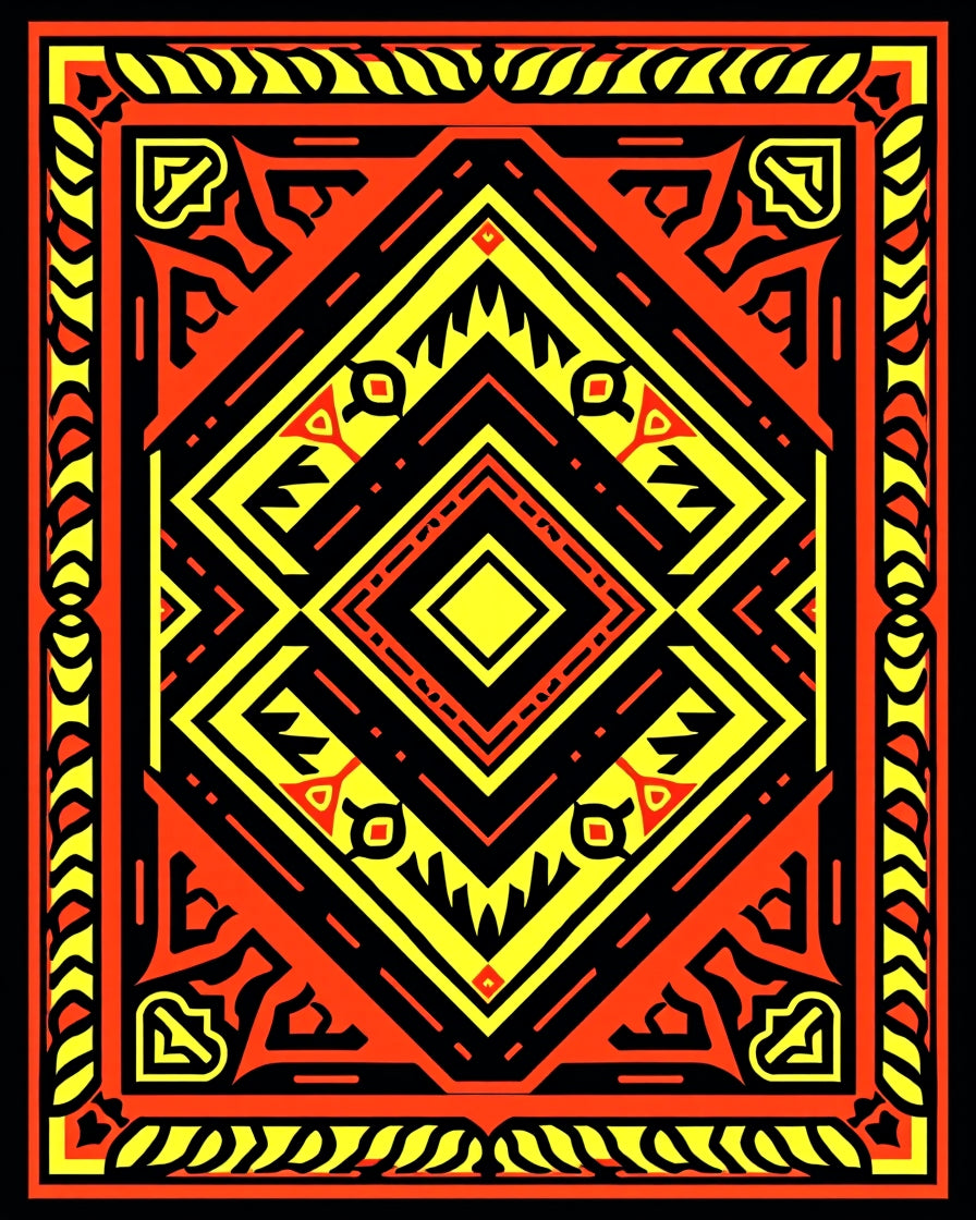 Vibrant Red Yellow Concentric Diamond Rug