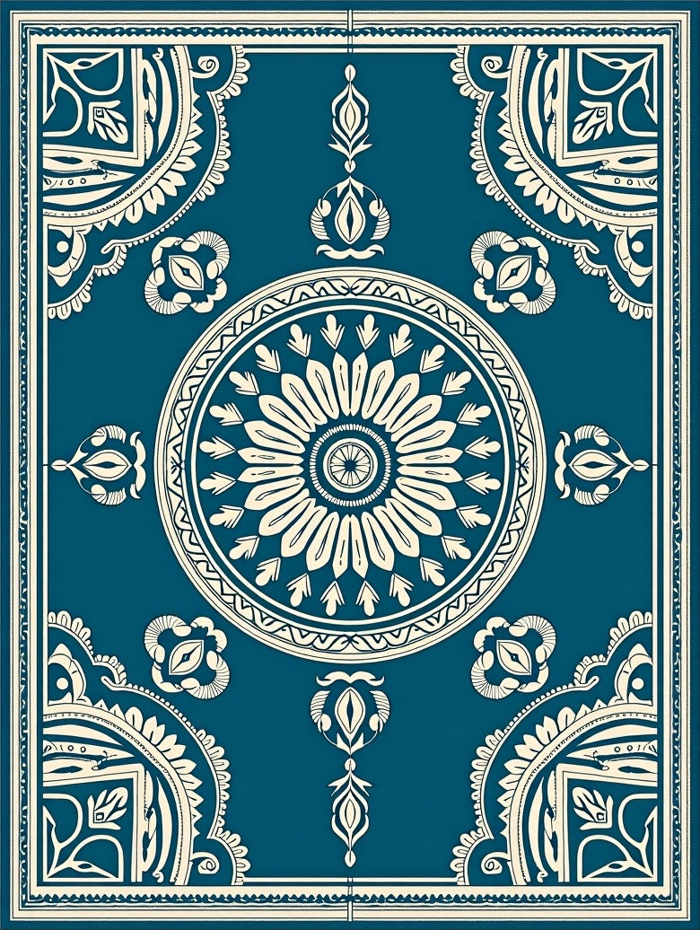 Deep Teal and Cream Medallion Border Rug