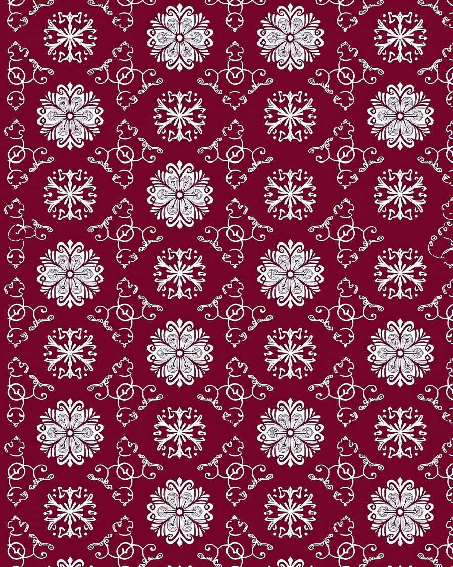 Deep Red White Flourish Mandala Rug