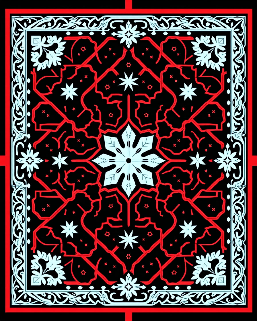 Red Light Blue Black Geometric Starburst Tile Rug