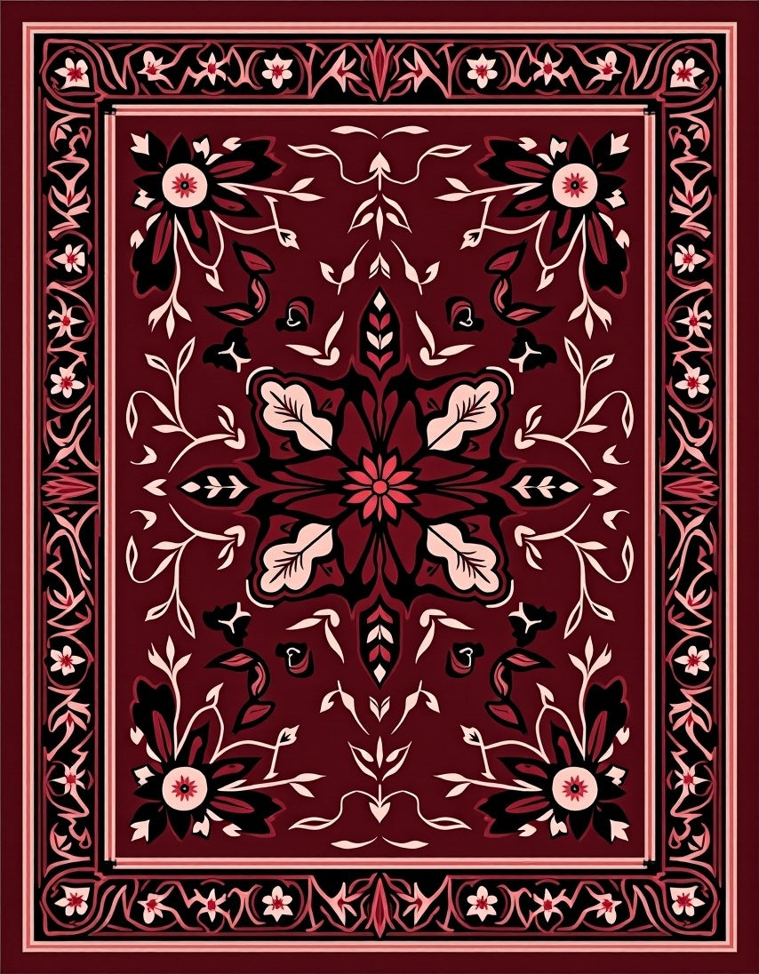 Ornate Scarlet Floral Vine Border Rug
