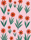 Coral Daisy Garden with Green Leaves Rug