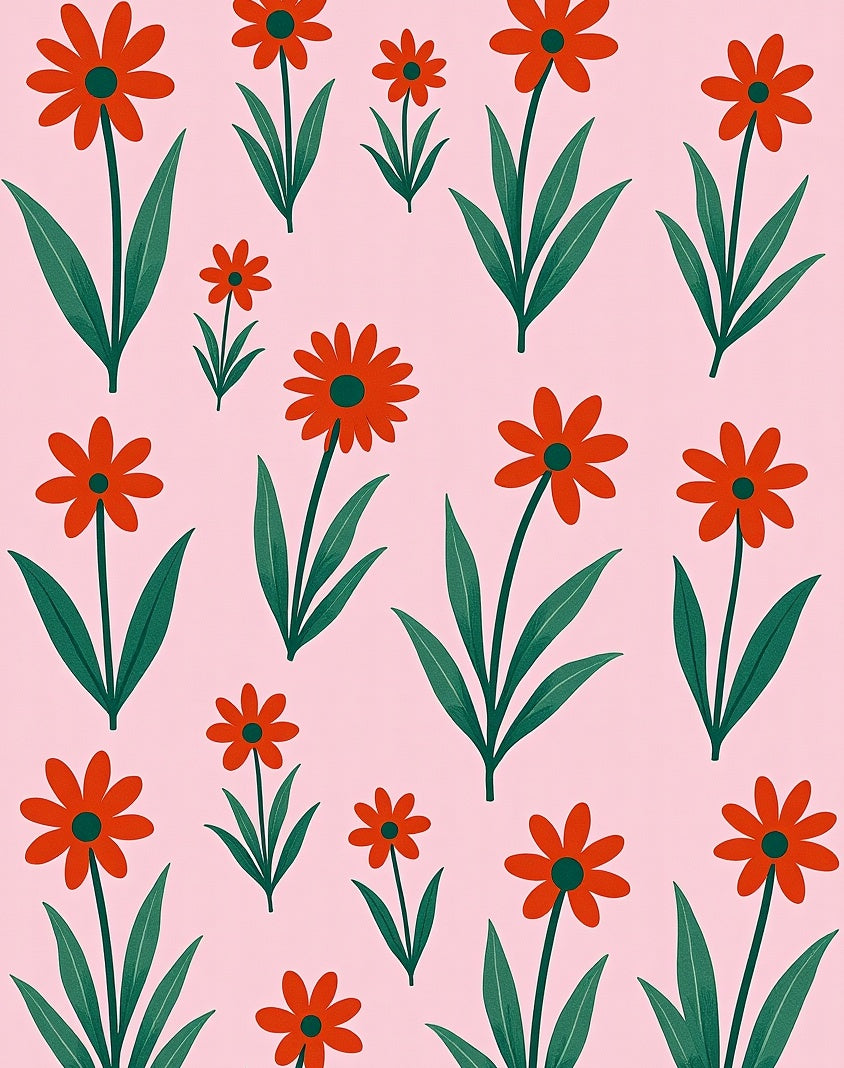 Coral Daisy Garden with Green Leaves Rug