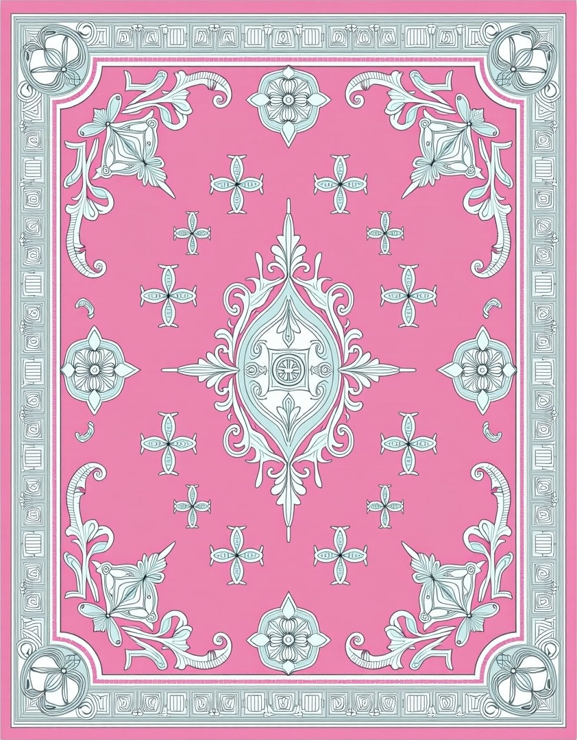 Vibrant Pink Floral Medallion Frame Rug