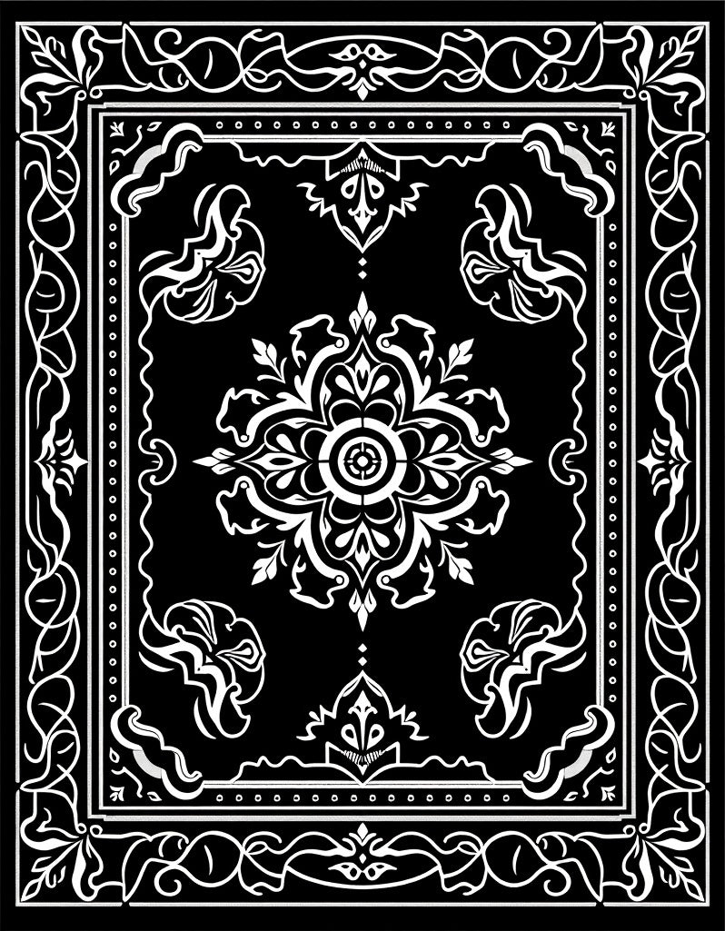 Black White Baroque Floral Medallion Rug