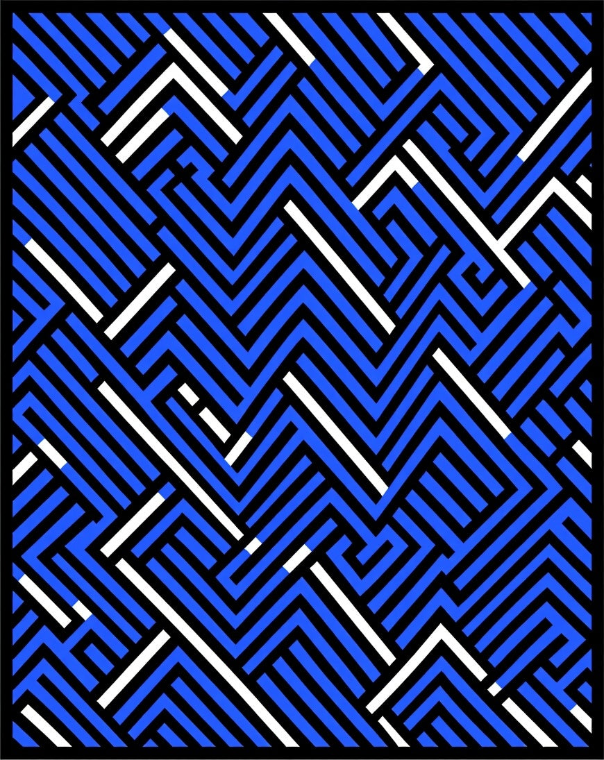 Vibrant Blue Black White Interlocking Lines Rug