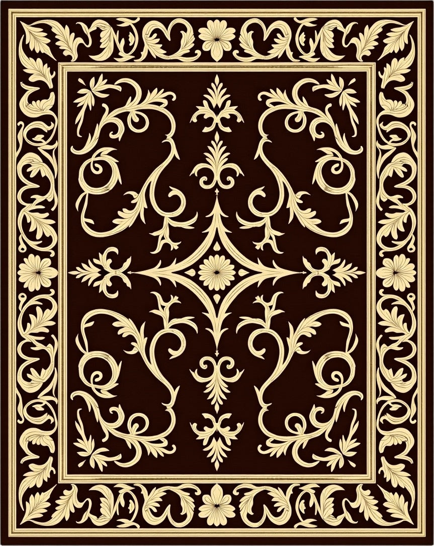 Ornate Tan Floral Damask Brown Rug