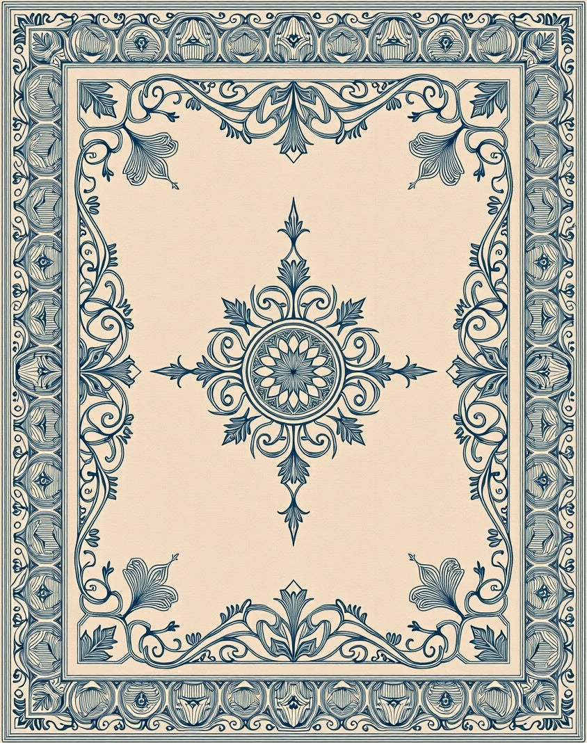 Navy Blue Floral Medallion Border Rug