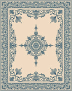 Navy Blue Floral Medallion Border Rug