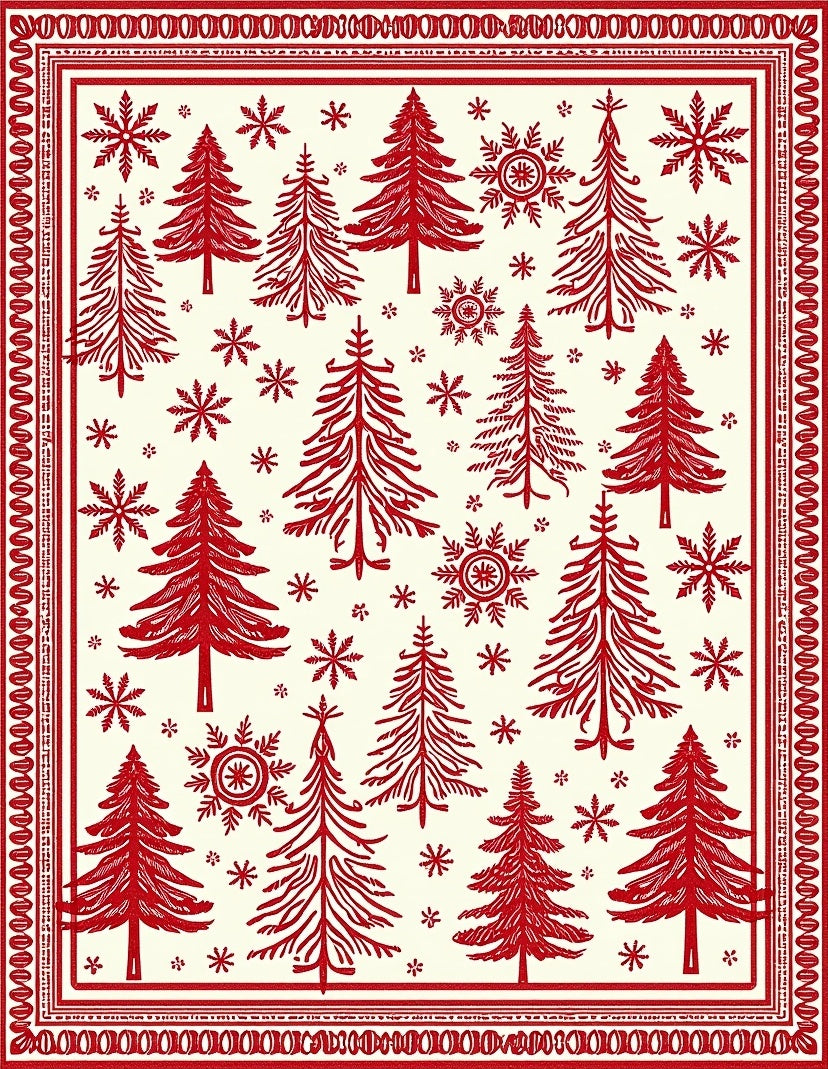 Crimson Woodland Tree Snowflake Scene Rug