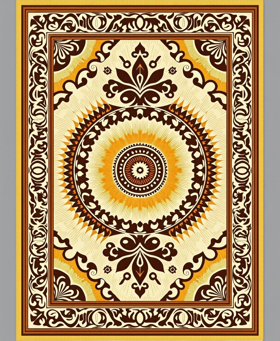 Retro Brown Sunburst Medallion Border Rug