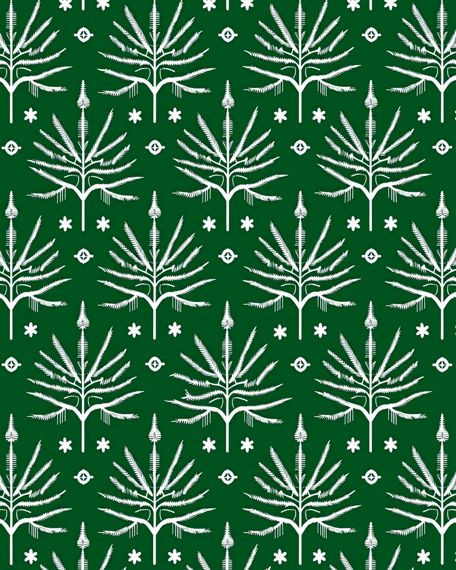 Deep Emerald White Stylized Palm Tree Rug