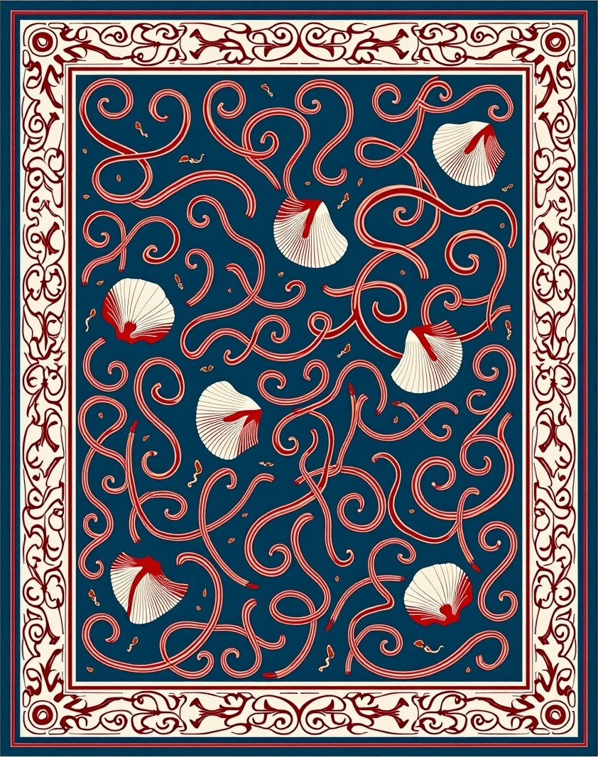 Deep Blue Red Seashell Scroll Rug