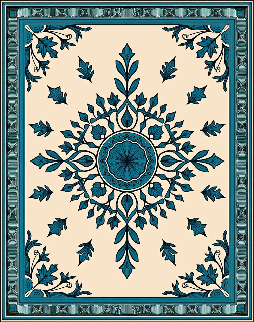 Cream Teal Floral Mandala Rug