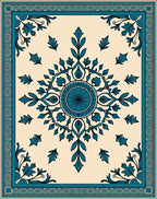 Cream Teal Floral Mandala Rug