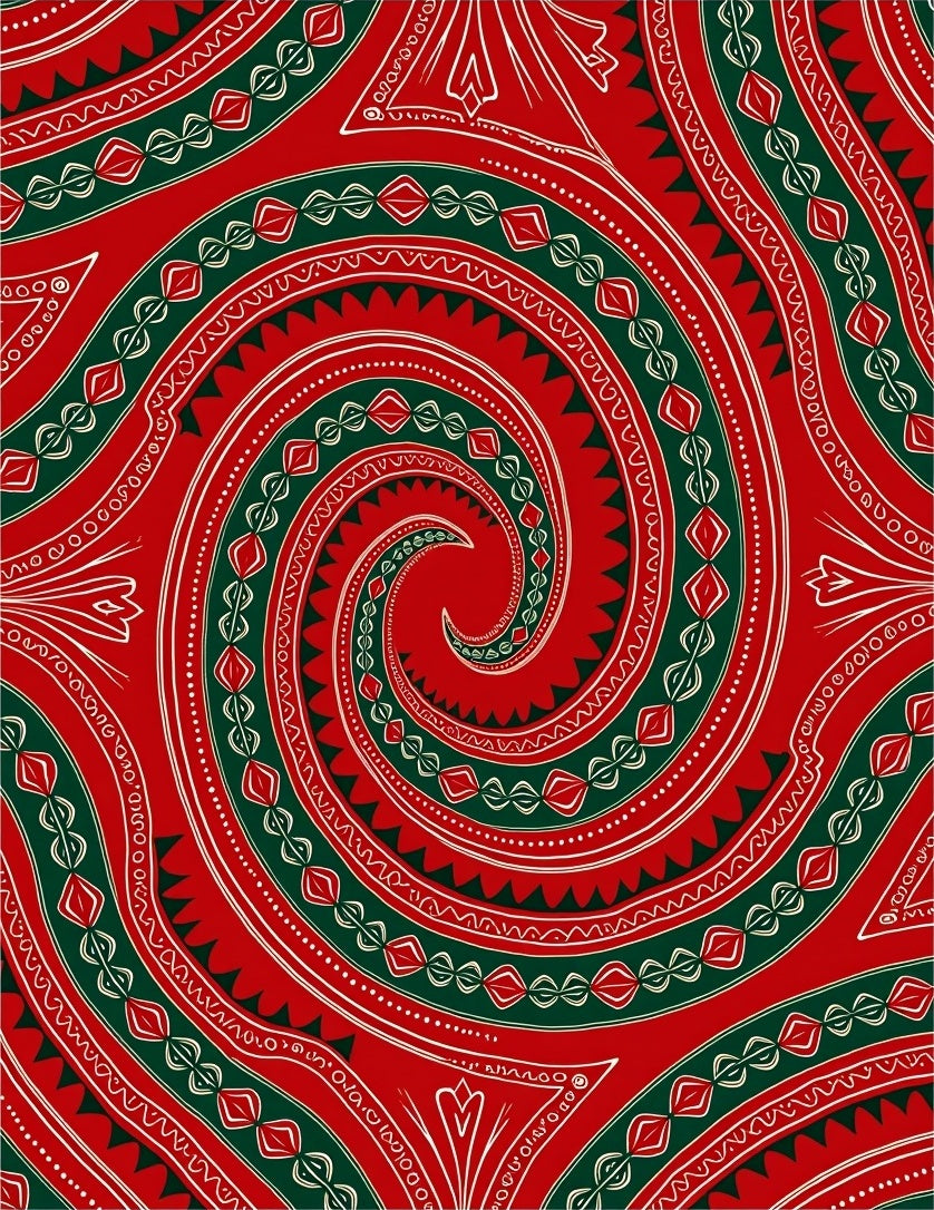 Crimson Green Swirl Folk Art Rug