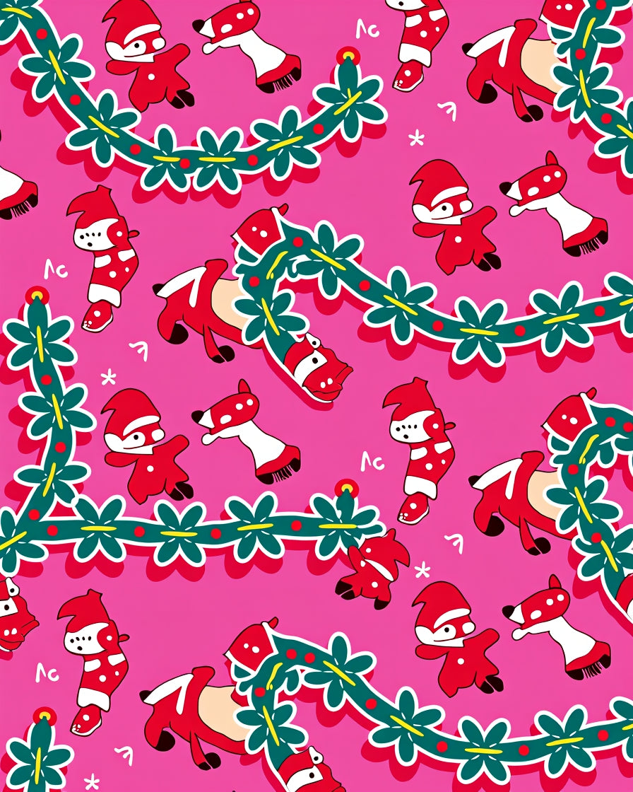 Red Festive Garland Cartoon Characters Rug