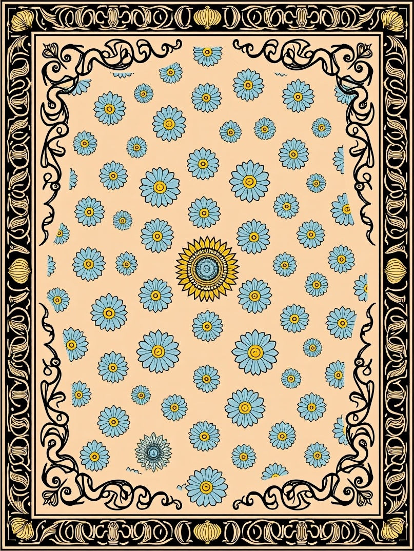 Peach Blue Daisy Scatter Border Rug