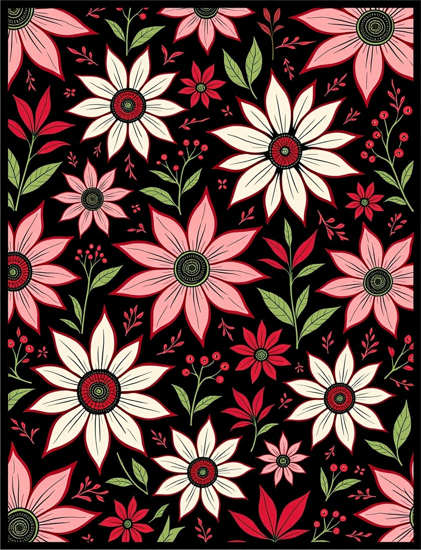 Bold Floral Botanical Red White Rug