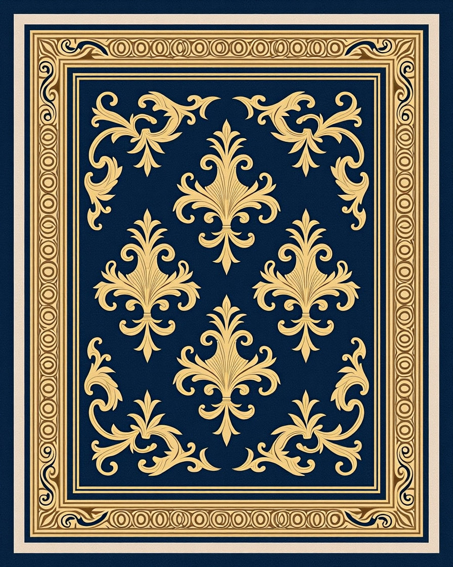 Deep Blue Gold Floral Frame Rug