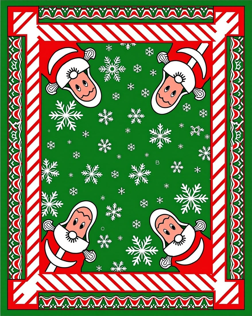 Festive Red Green Santa Snowflakes Border Rug