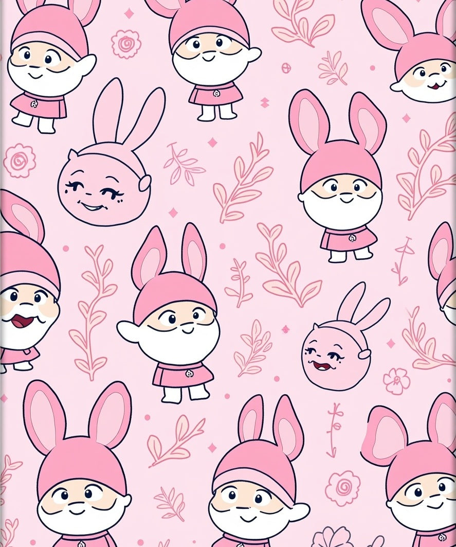 Cute Pink Bunny Characters Floral Pattern Rug