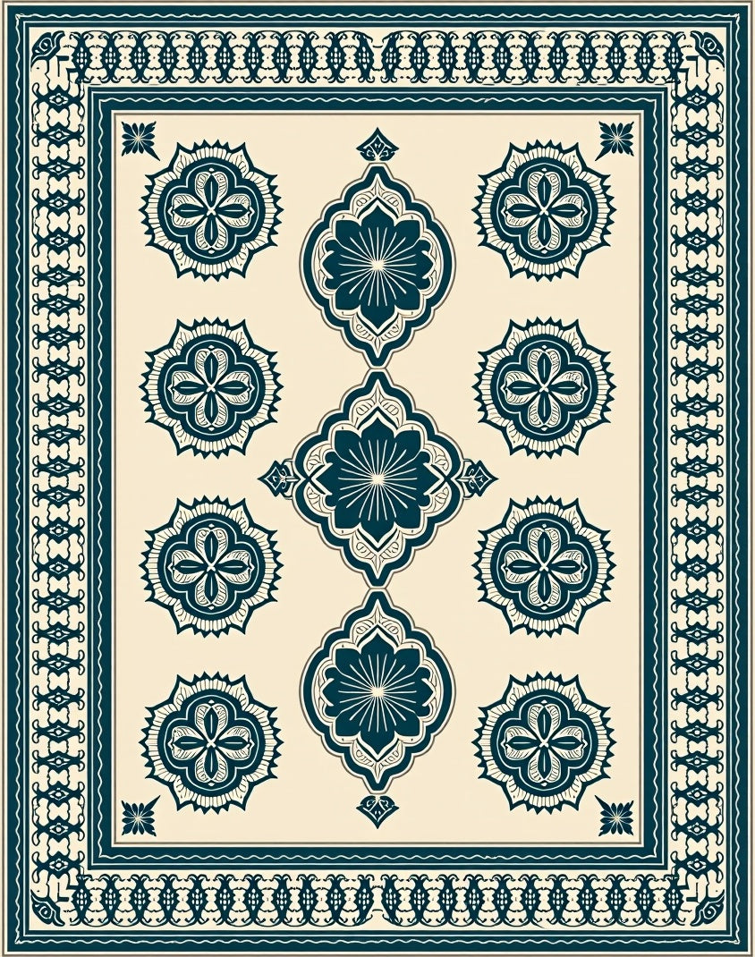 Deep Teal Arabesque Medallion Ivory Rug