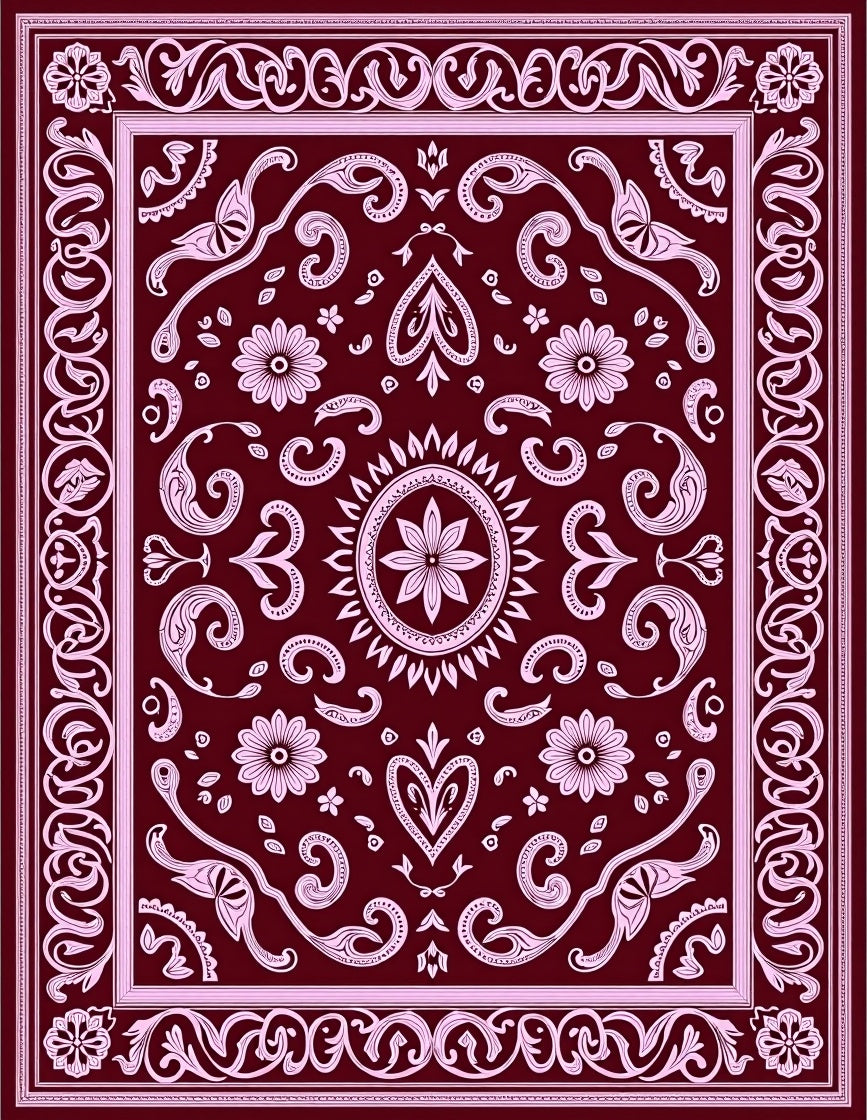 Deep Crimson Floral Scrollwork Overlay Rug