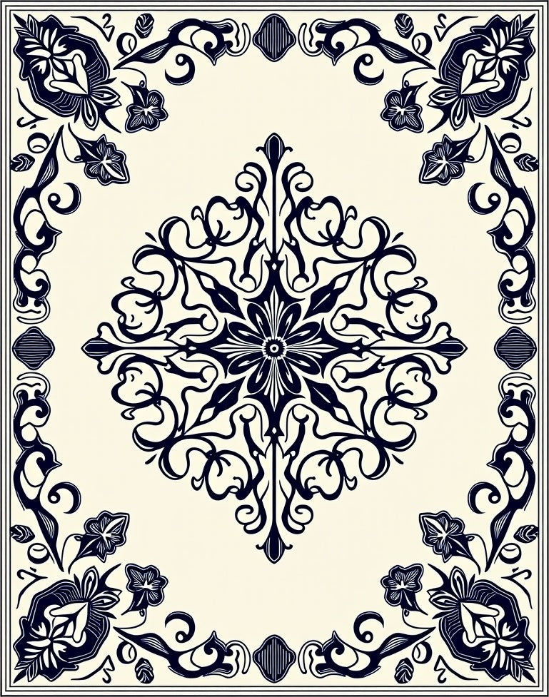 Dark Blue Floral Scrollwork Medallion Rug