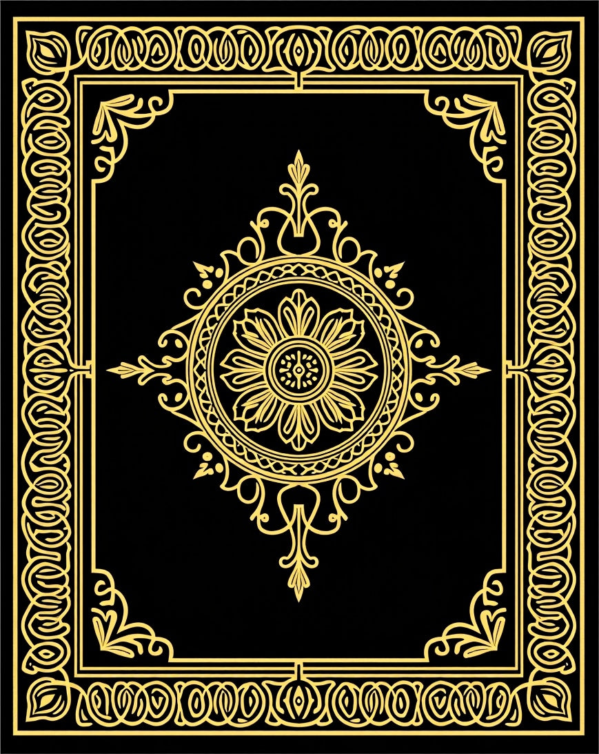Black Golden Ornate Floral Medallion Border Rug