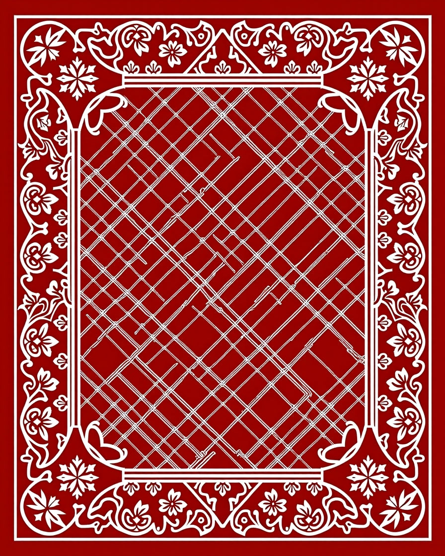 Crimson White Floral Border Intertwined Lines Rug