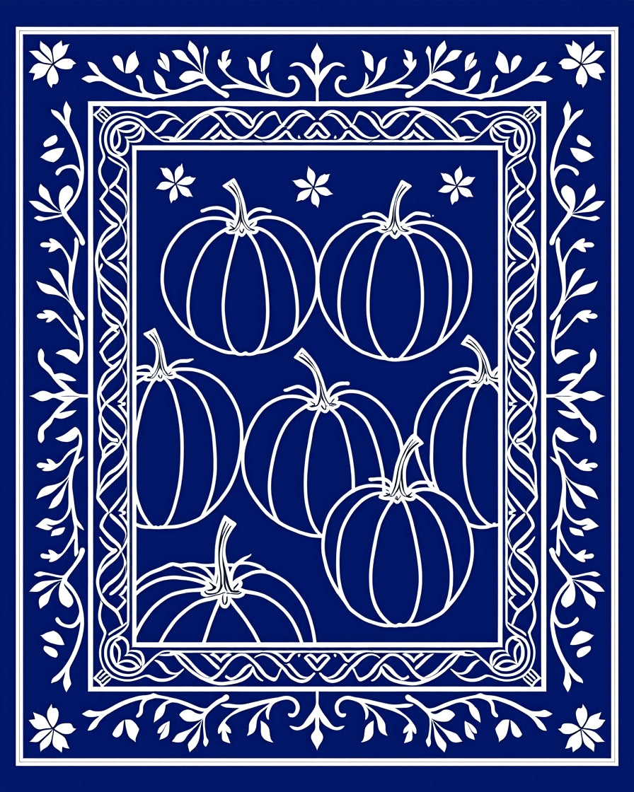 Royal Blue White Pumpkin Harvest Border Rug