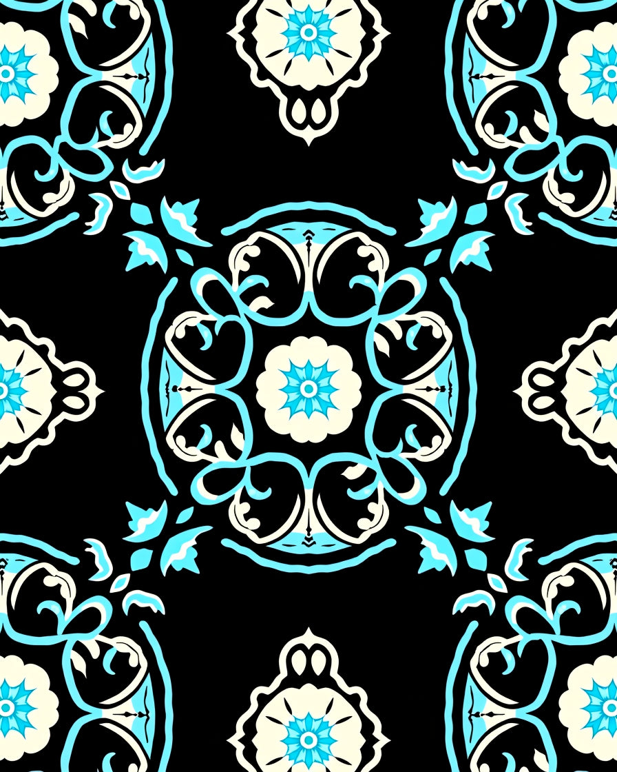 Ornate Black Cyan Floral Mandala Rug