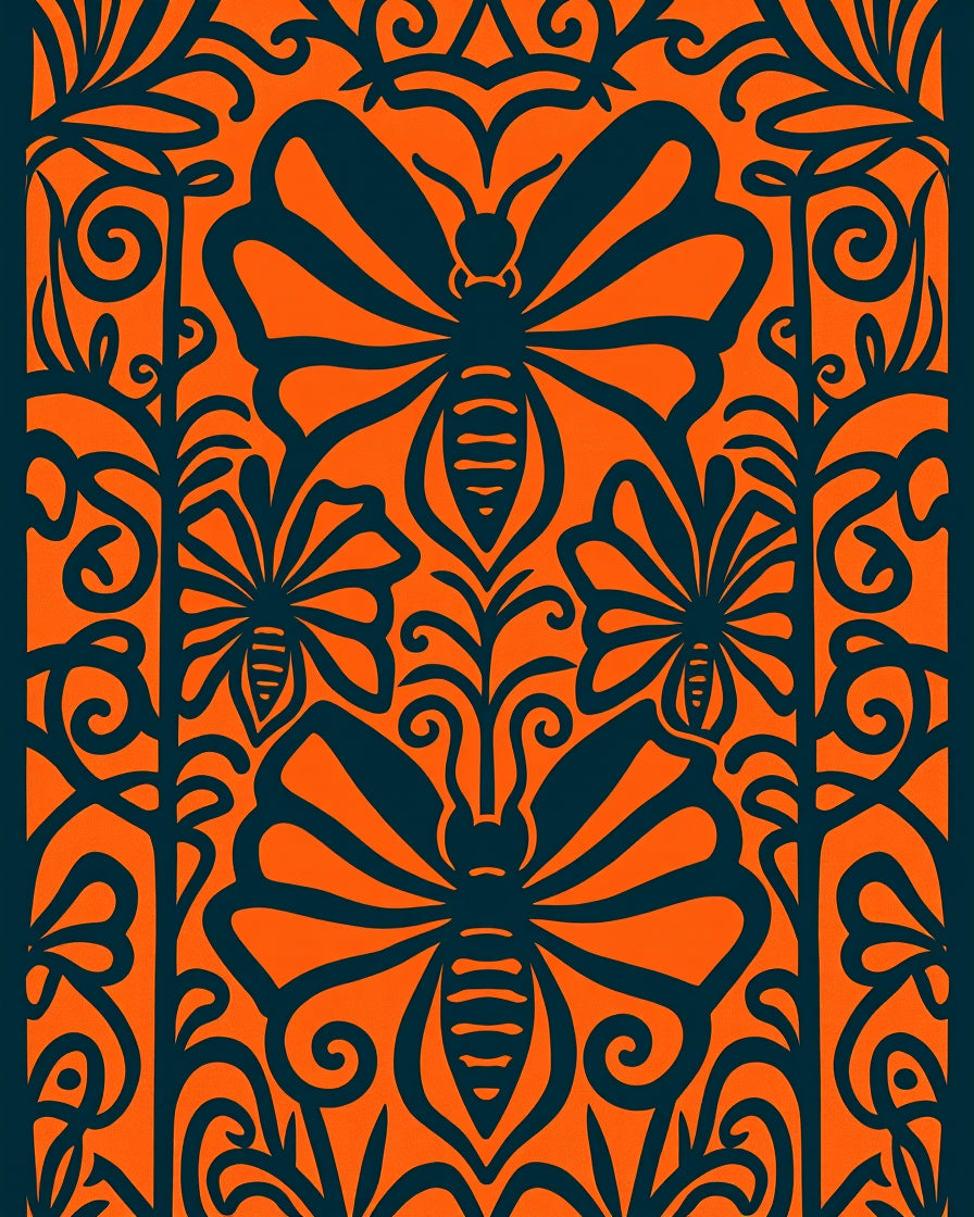 Bold Orange Insect Floral Medallion Rug