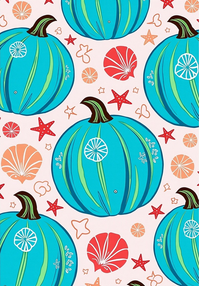 Coastal Teal Pumpkin Starfish Shells Rug