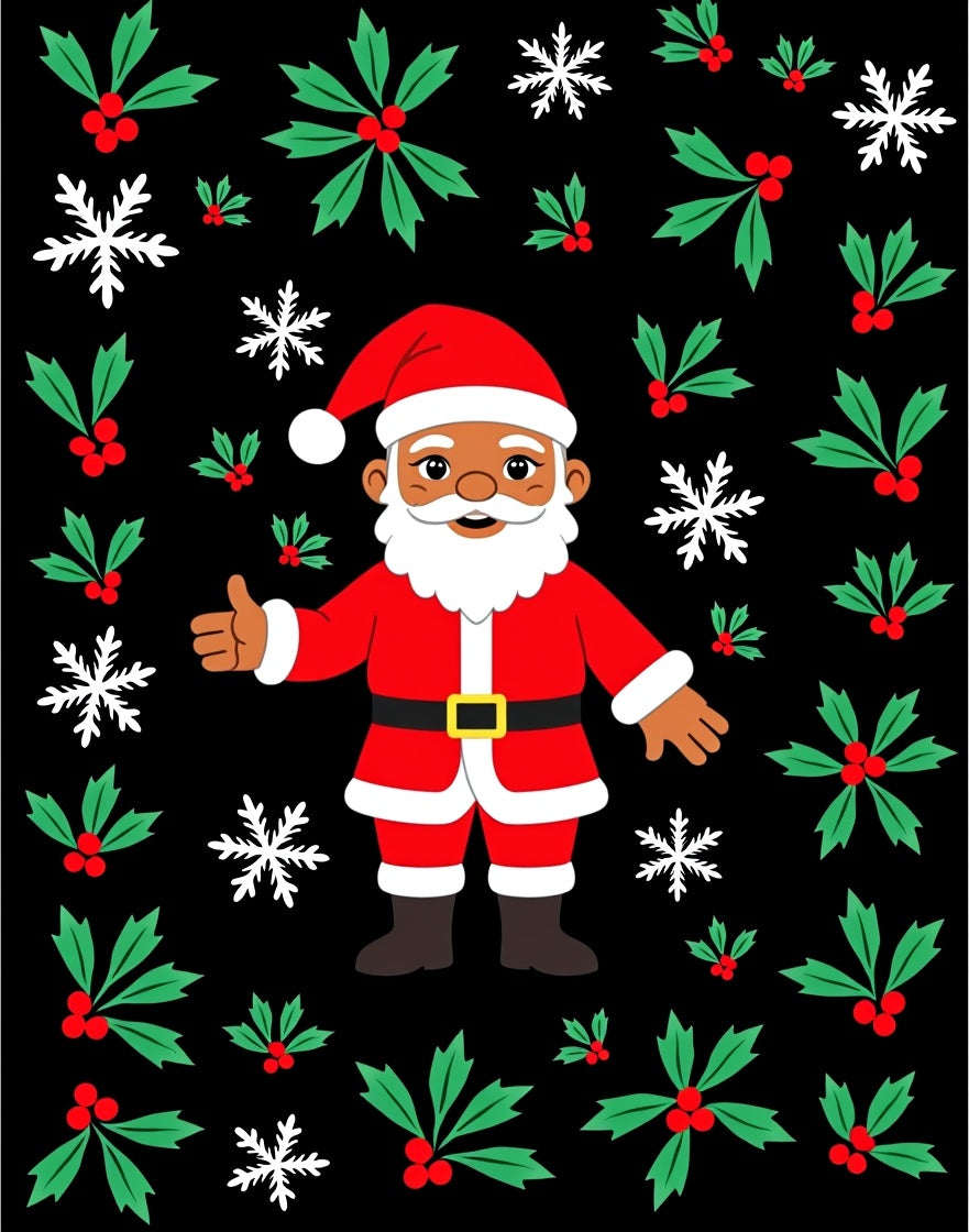 Festive Santa Holly Snowflake Black Rug