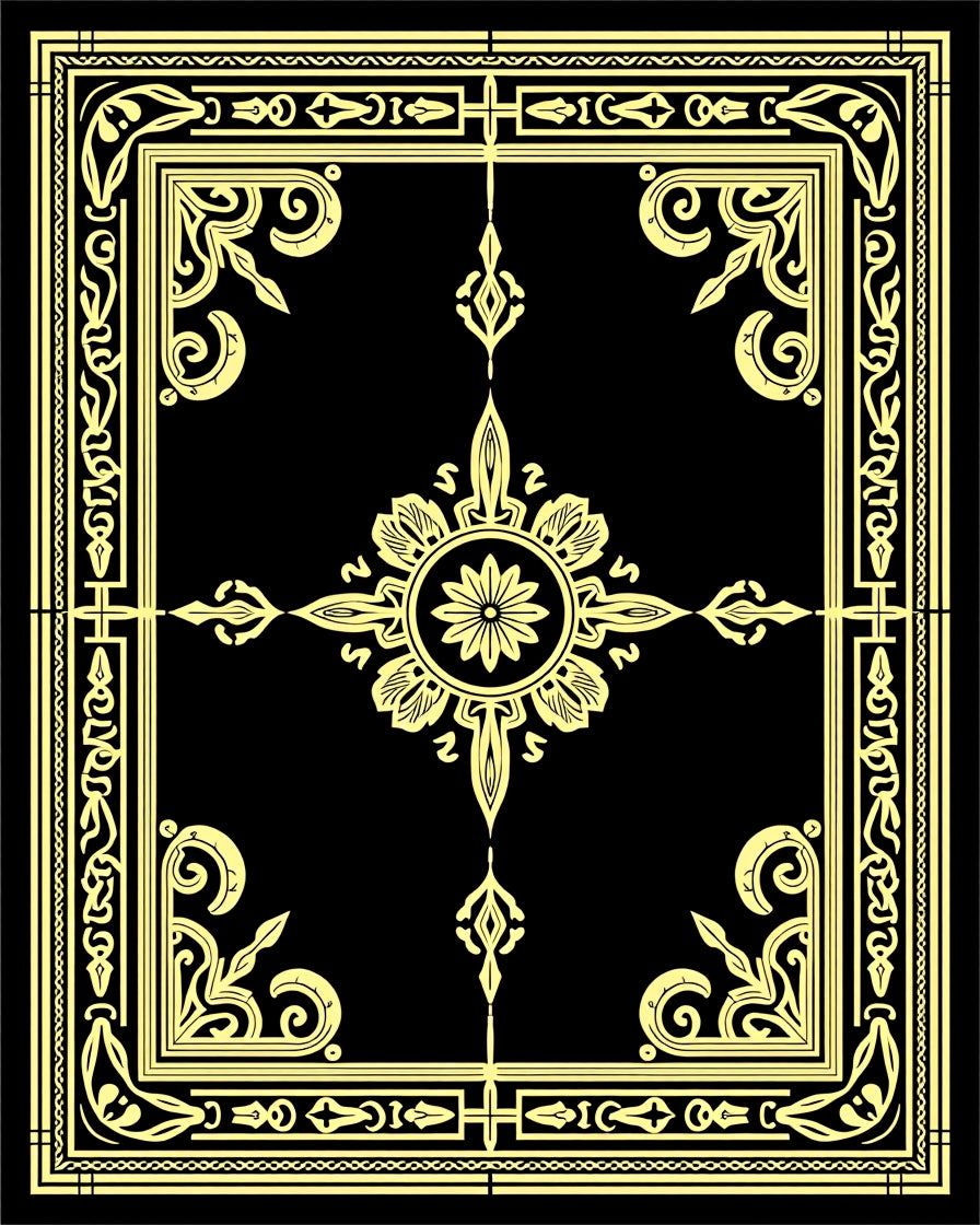 Gold and Black Ornate Floral Frame Rug