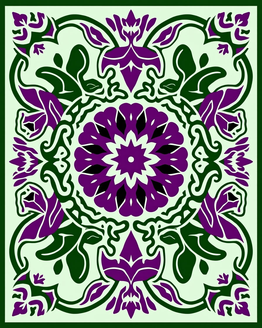 Ornate Purple Floral Medallion Border Rug