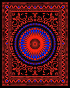 Vibrant Red Blue Sunburst Floral Rug
