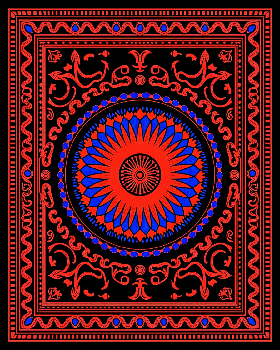 Vibrant Red Blue Sunburst Floral Rug
